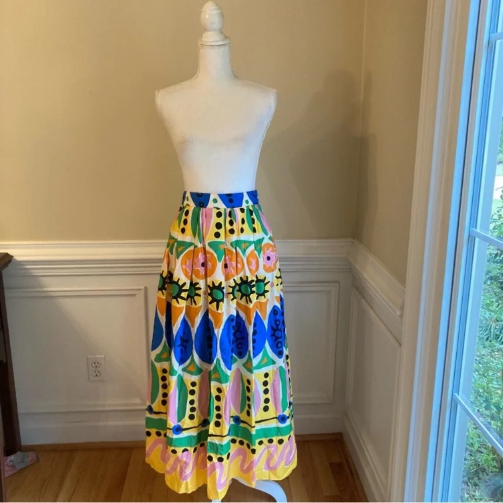 ZARA Colorful Cotton Abstract Batik African Print Pleated Maxi Skirt - Picture 11 of 13